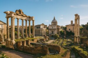 フォロ・ロマーノと教会のドームが調和するローマの歴史風景