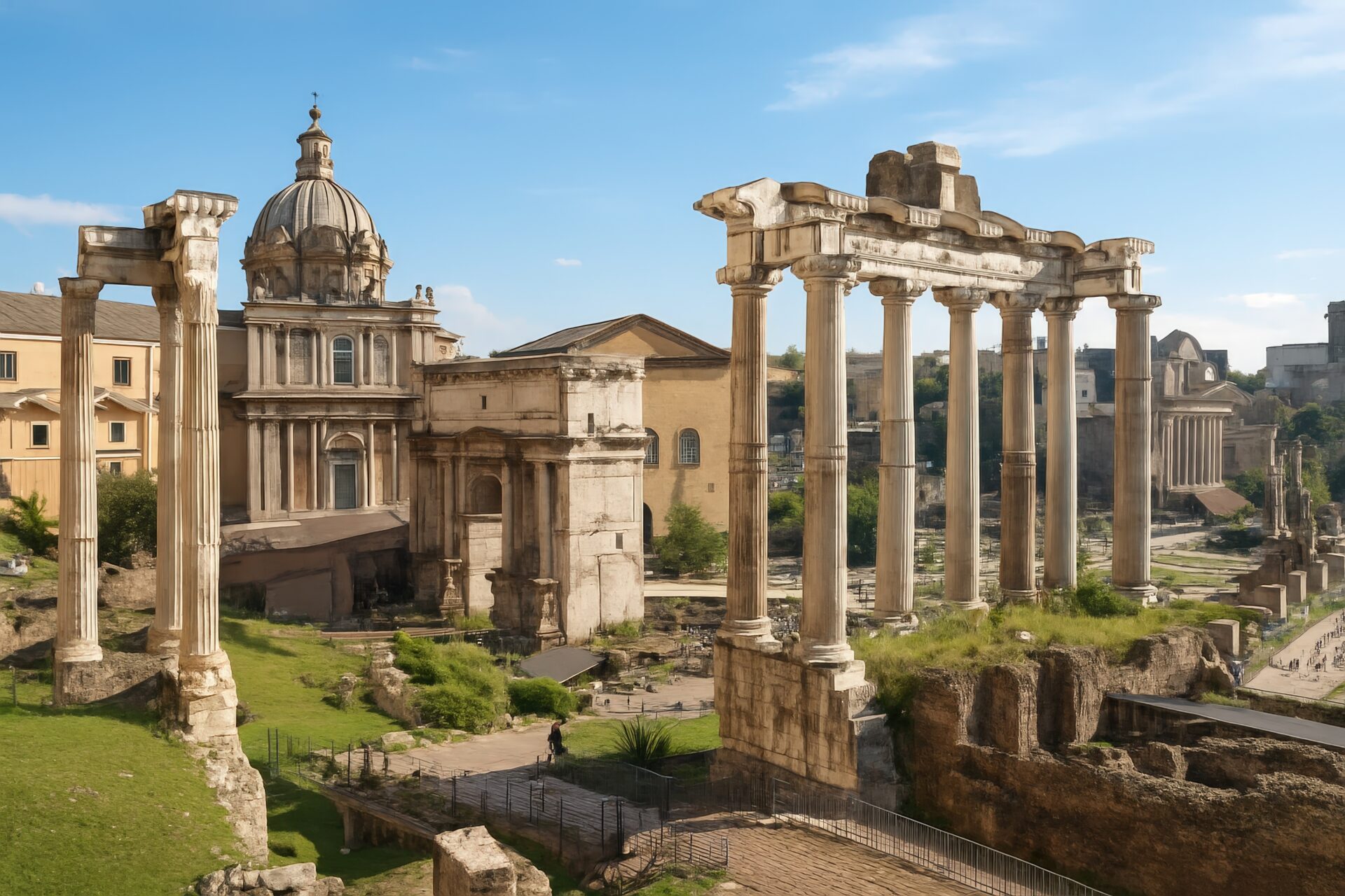 遺跡の柱と古代建築が残るローマのフォロ・ロマーノ