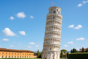青空の下にそびえるピサの斜塔と周囲の建物