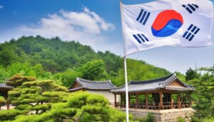 韓国の山間部と太極旗