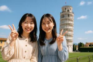 ピサの斜塔前でピースサインをする笑顔の若い女性二人