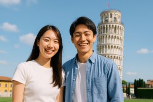ピサの斜塔を背景に笑顔のカップル観光客