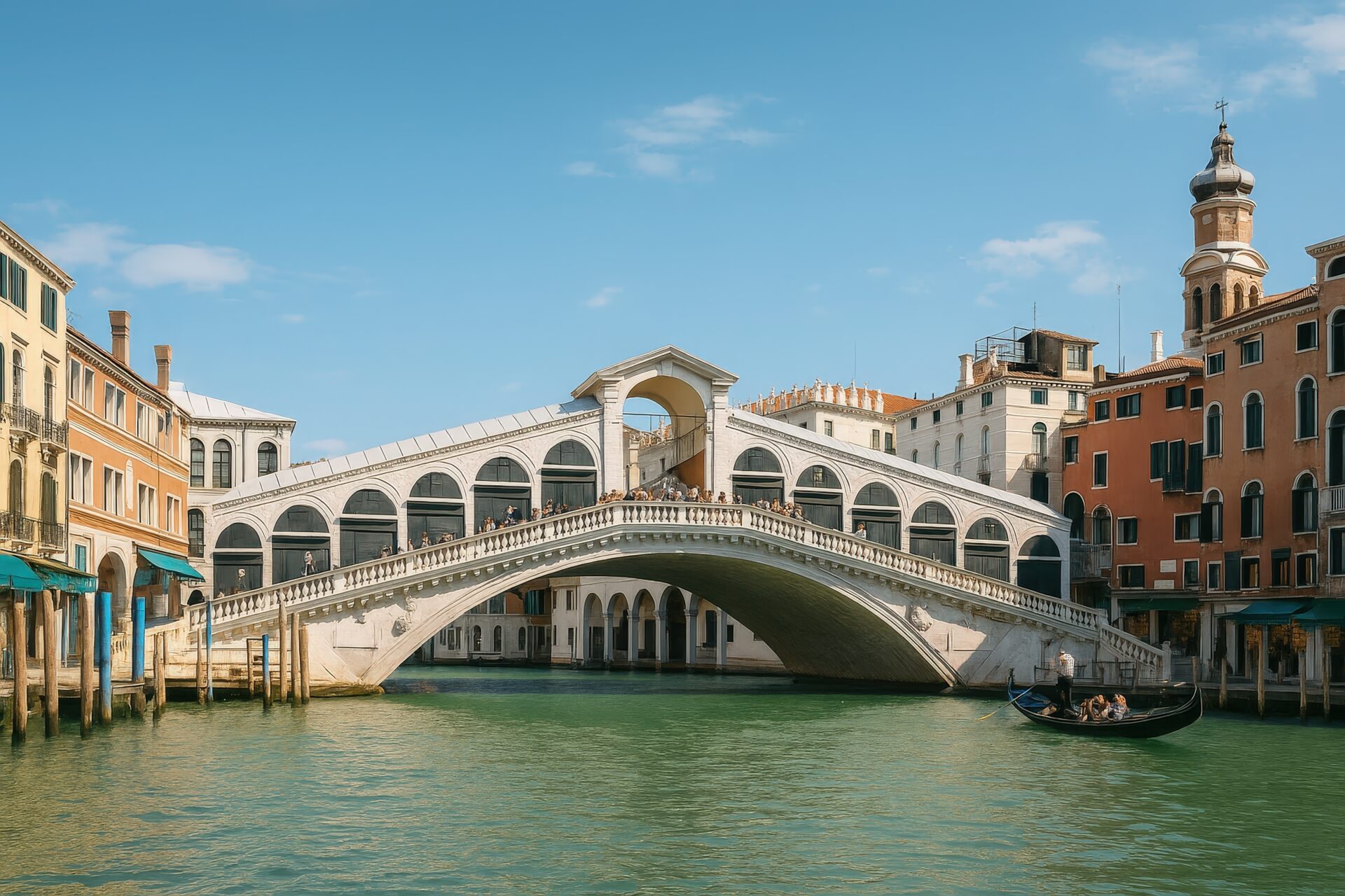 ヴェネツィアのリアルト橋とゴンドラが浮かぶ運河の風景