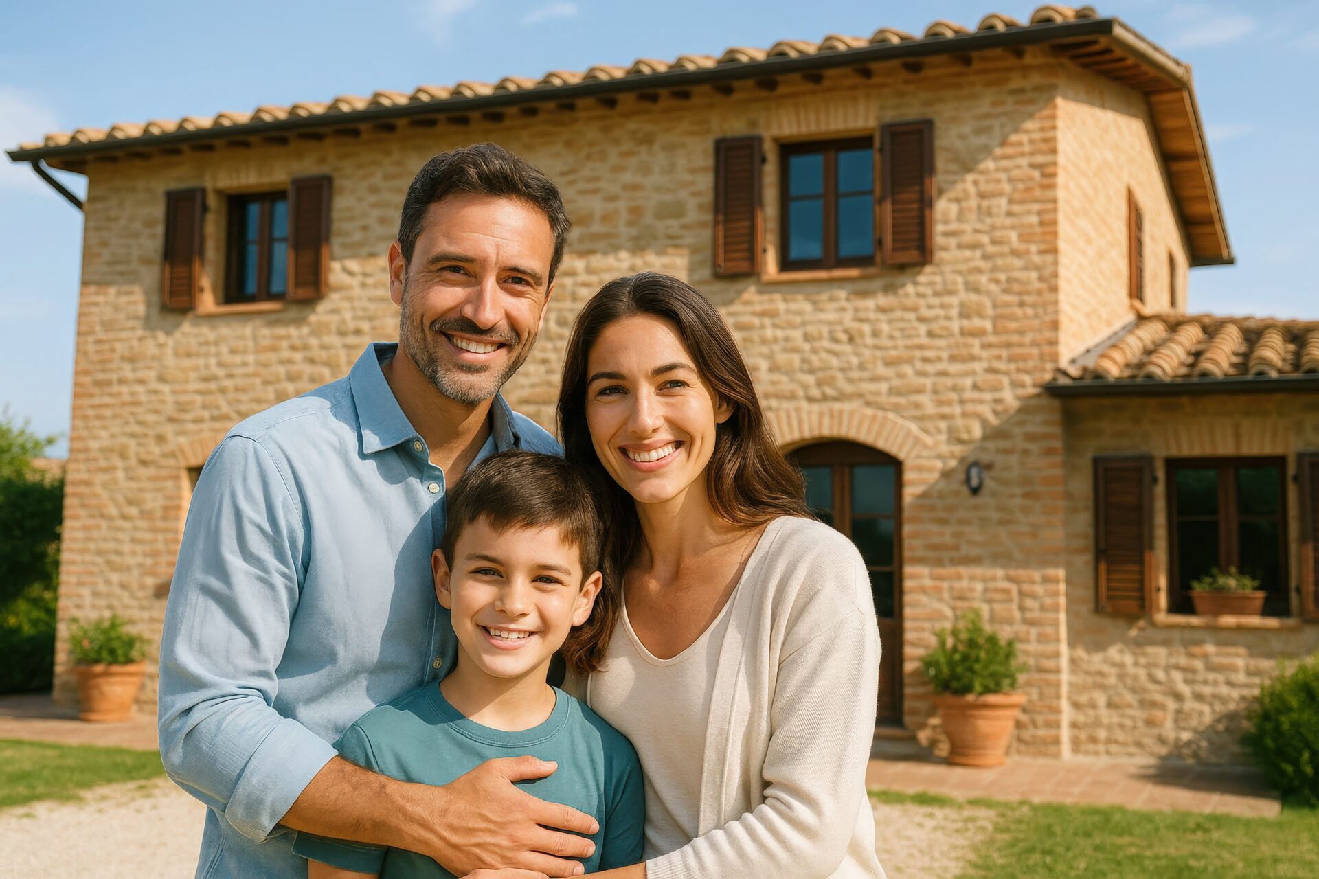 石造りの家の前で微笑む若い家族のポートレート