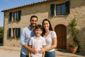 石造りの一軒家の前で仲良く立つ親子3人の笑顔