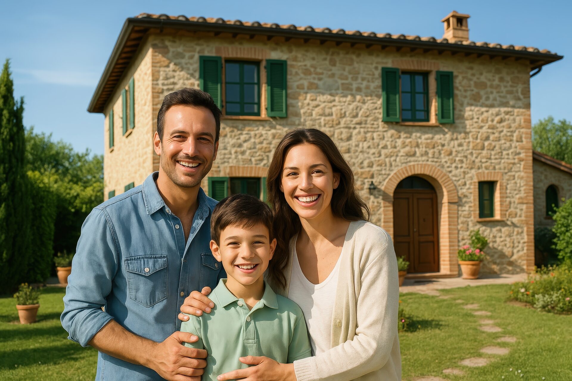 芝生の庭付き住宅の前で並ぶ若い家族の笑顔