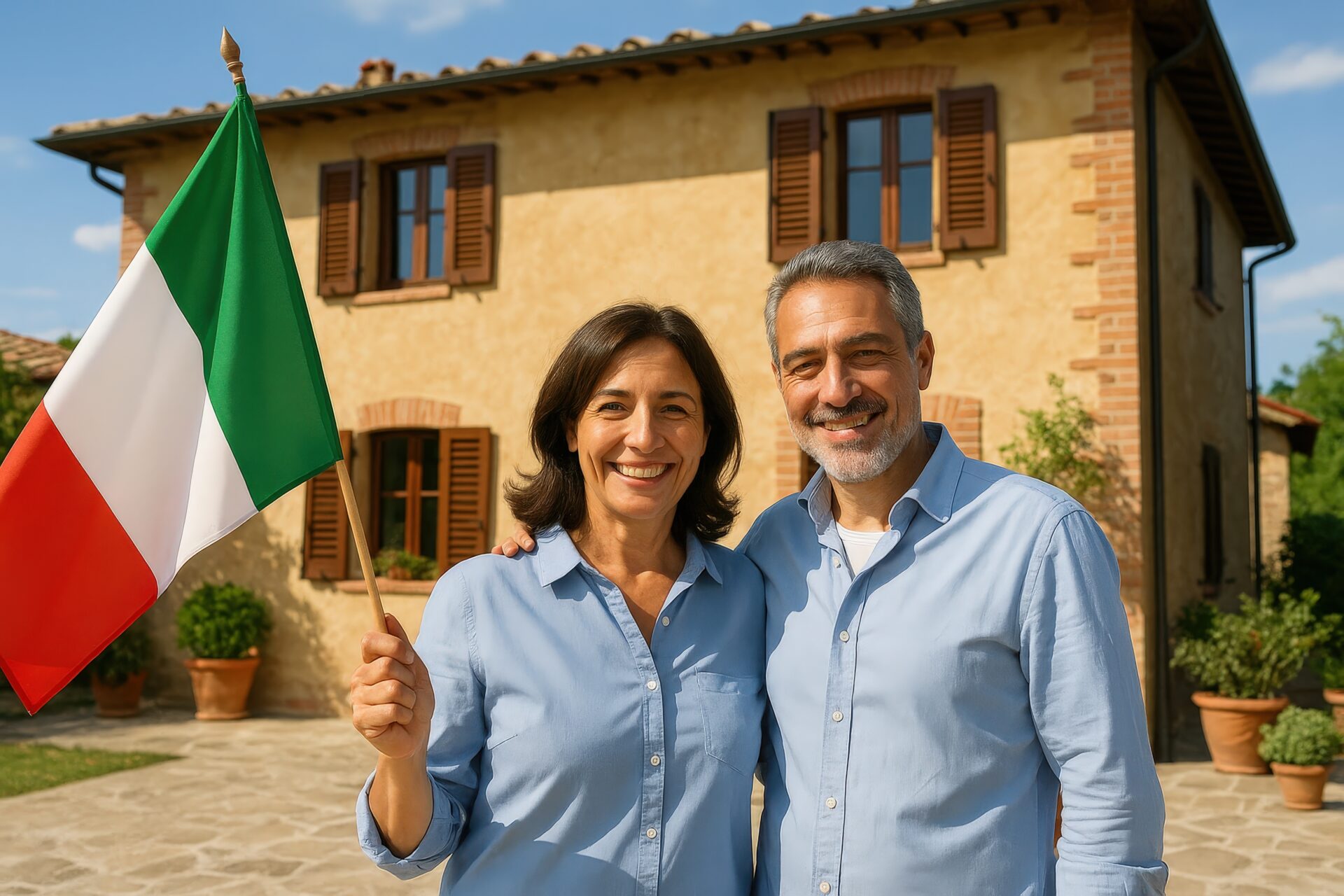 イタリア国旗を持つ中年夫婦が家の前で微笑む姿