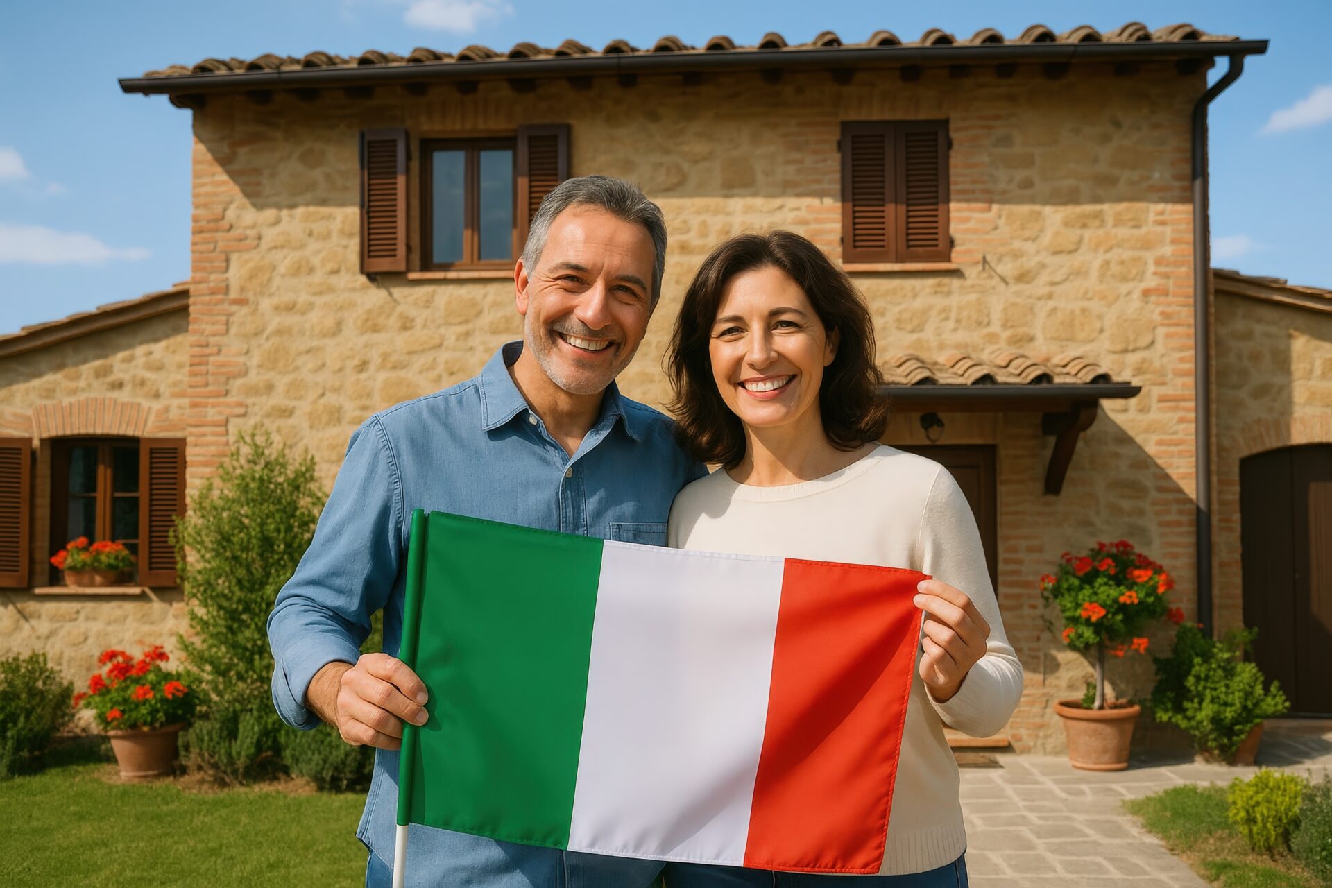 イタリア国旗を手に並ぶシニア夫婦のポートレート