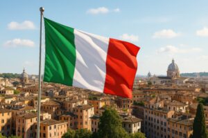 ローマの歴史的建物群とイタリア国旗の風景