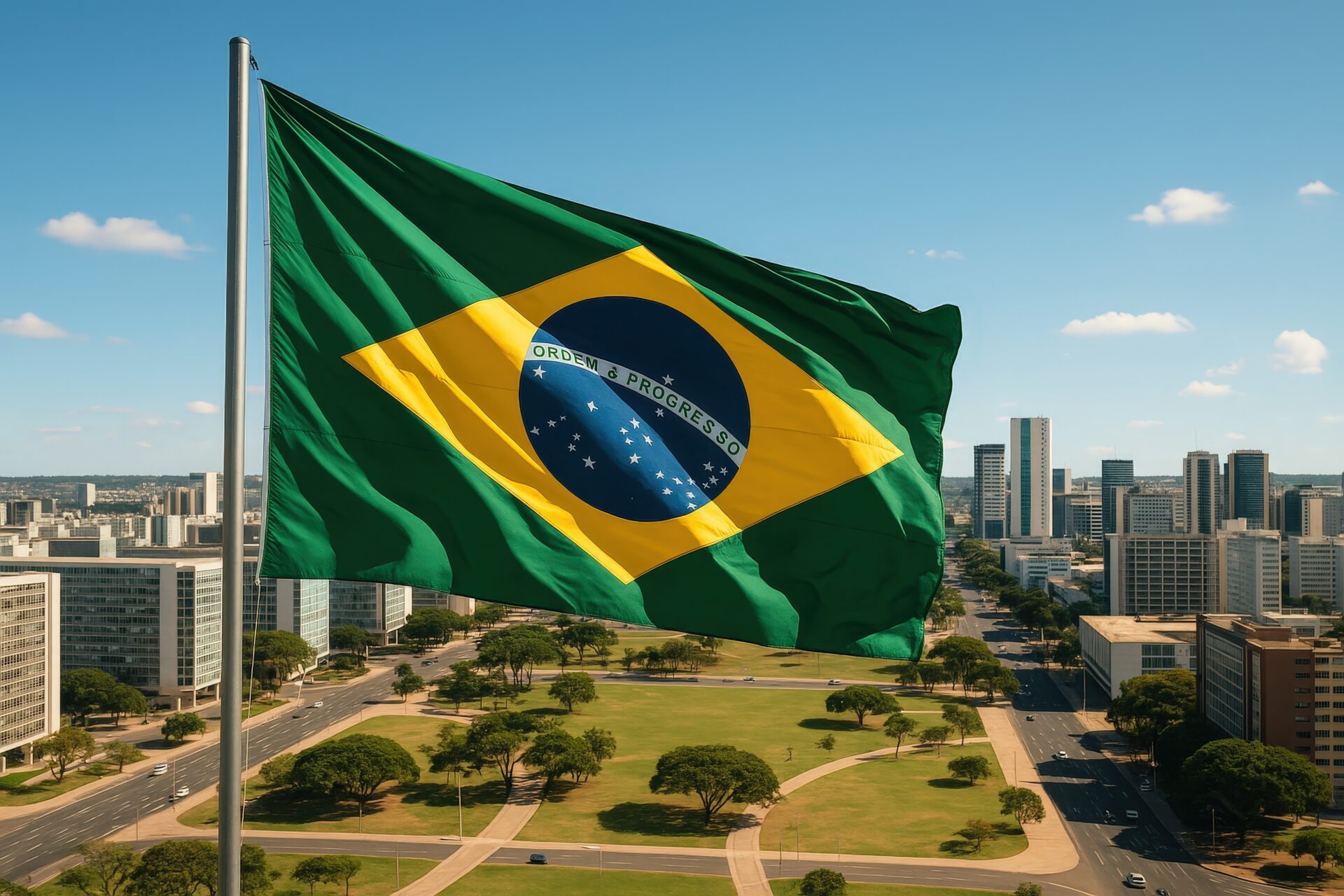 都市の上空にはためくブラジル国旗と近代的な高層ビル群