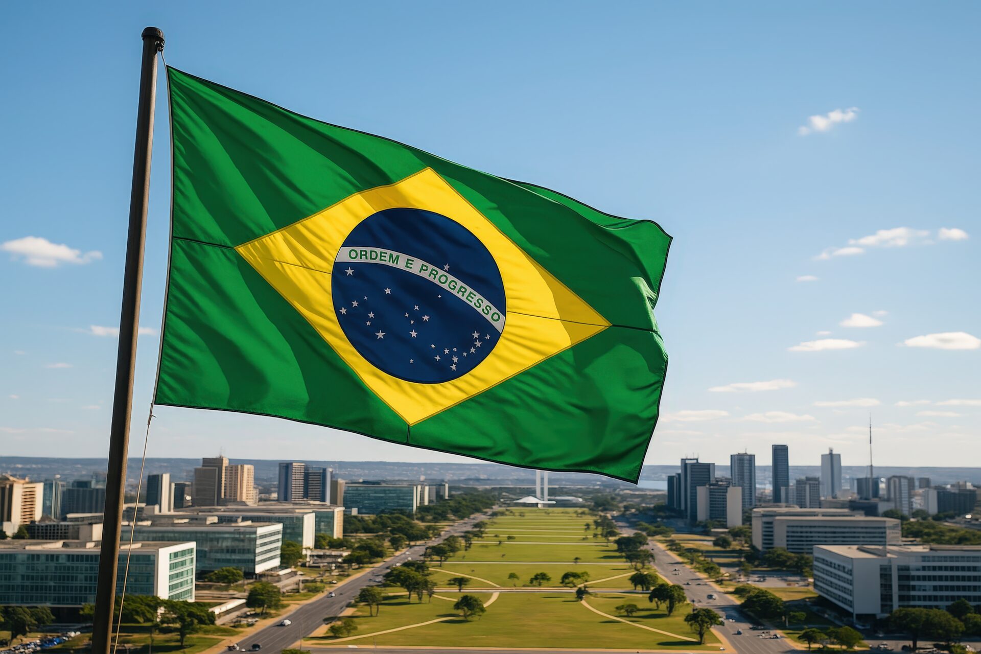 広場を見下ろす高台に掲げられたブラジル国旗と都市風景