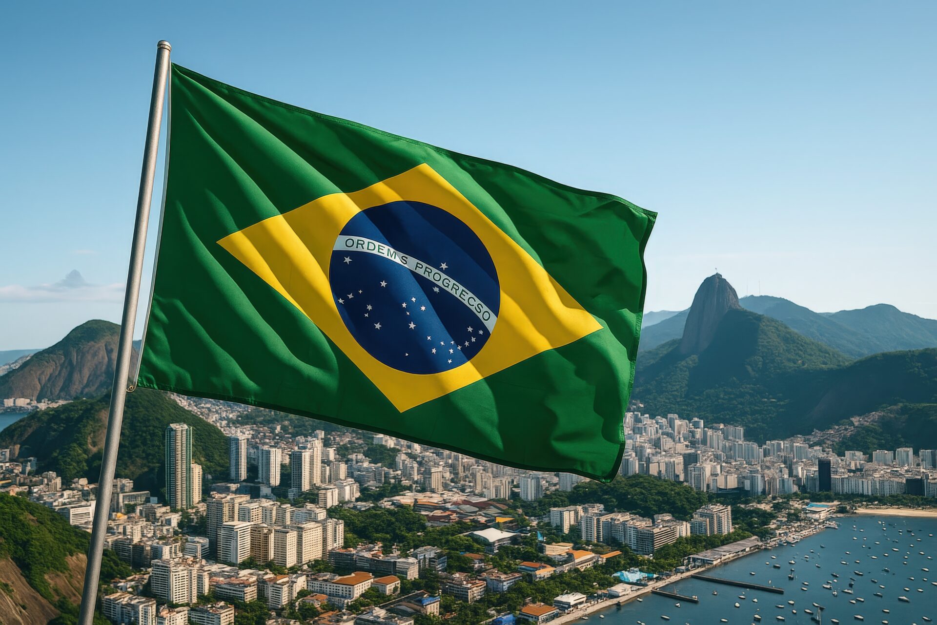 リオデジャネイロの街並みとシュガーローフ山を背景にしたブラジル国旗