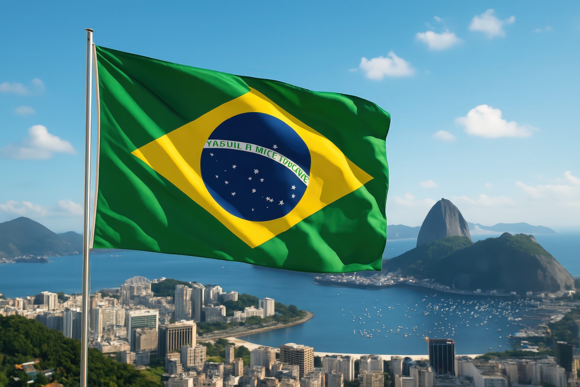 海と山に囲まれた都市景観の上で揺れるブラジル国旗