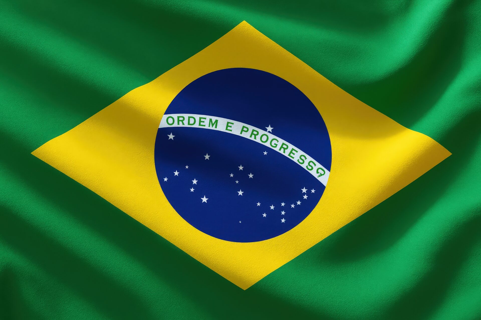 緑と黄の色彩が鮮やかなブラジル国旗の布の質感