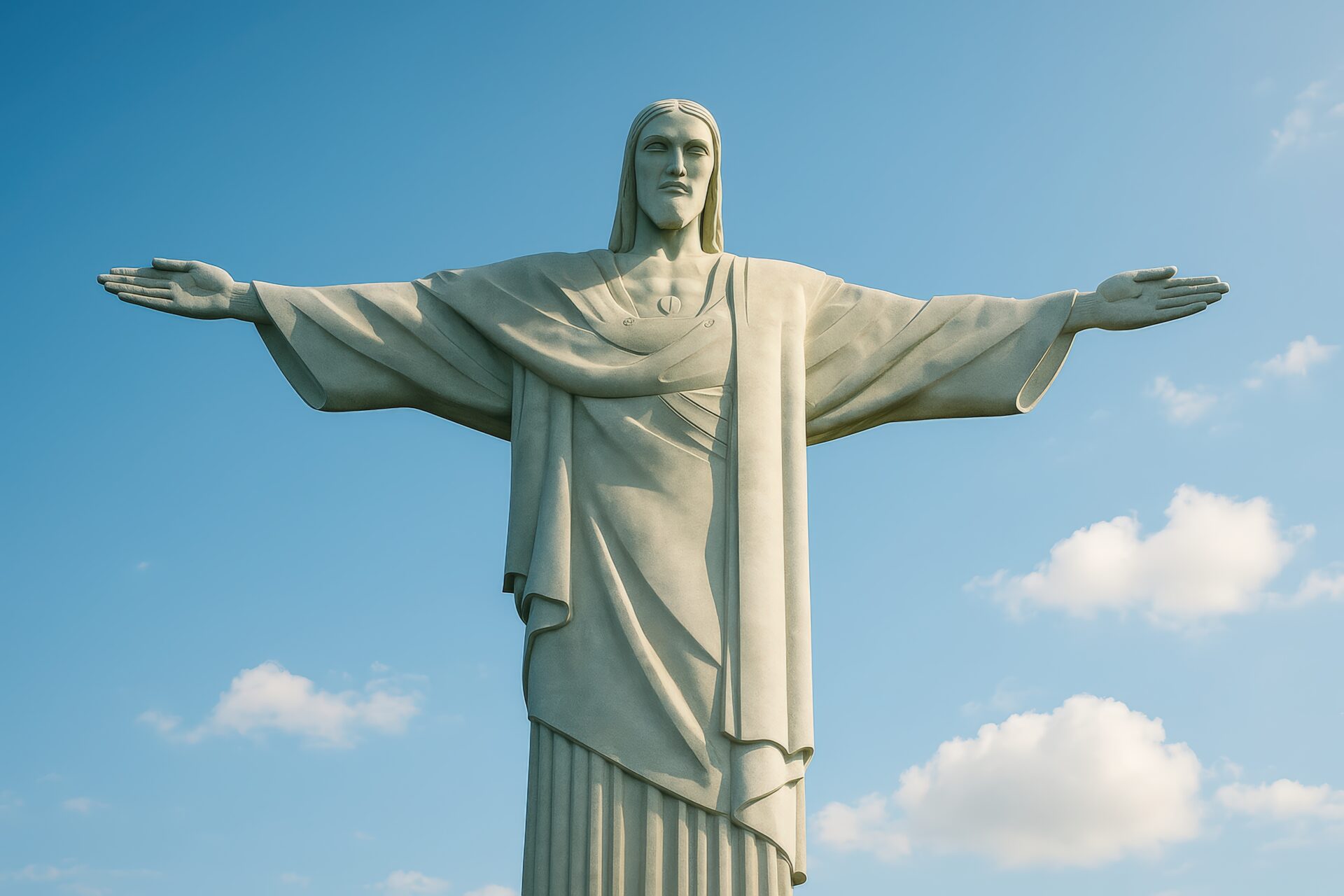 青空の下に立つキリスト像の正面ビュー