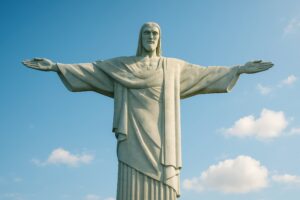 青空の下に立つキリスト像の正面ビュー