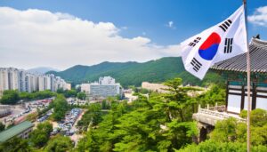 韓国の都市風景と太極旗