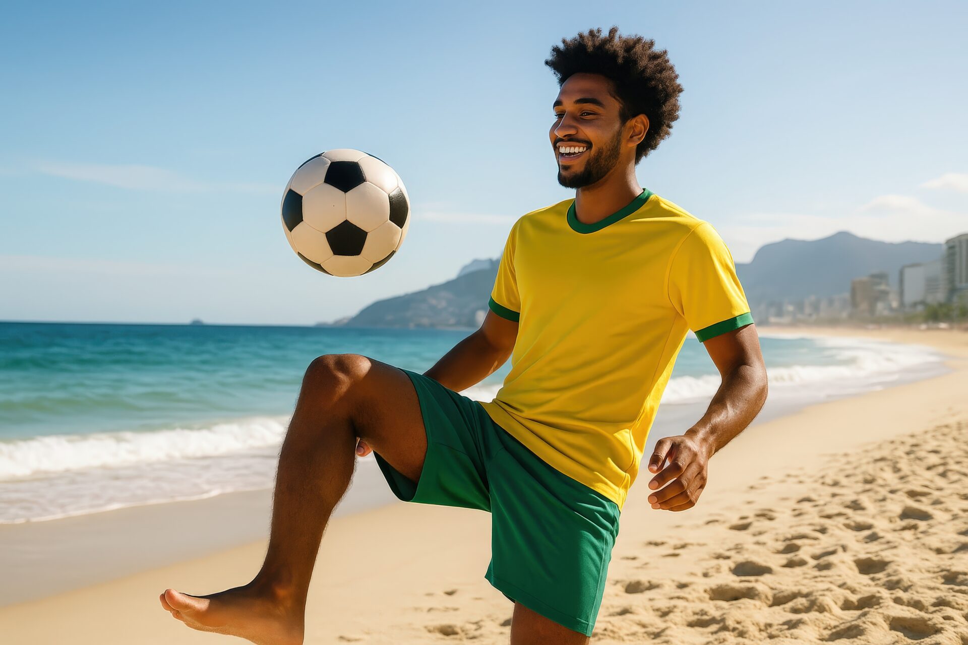 リオのビーチでリフティングを楽しむサッカーウェアの若い男性