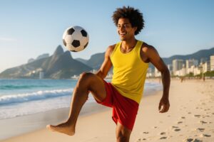 ビーチで笑顔でボールを蹴る若い男性とリオの山並み