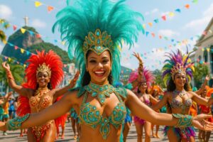 カーニバル衣装で踊る女性たちとリオの賑やかなパレード風景