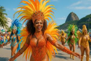華やかな羽飾りをつけて笑顔で踊るカーニバルの女性たち