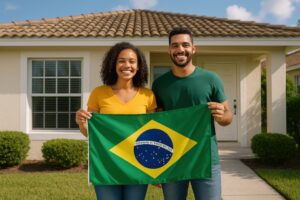 ブラジル国旗を手に笑顔で立つ若いカップル