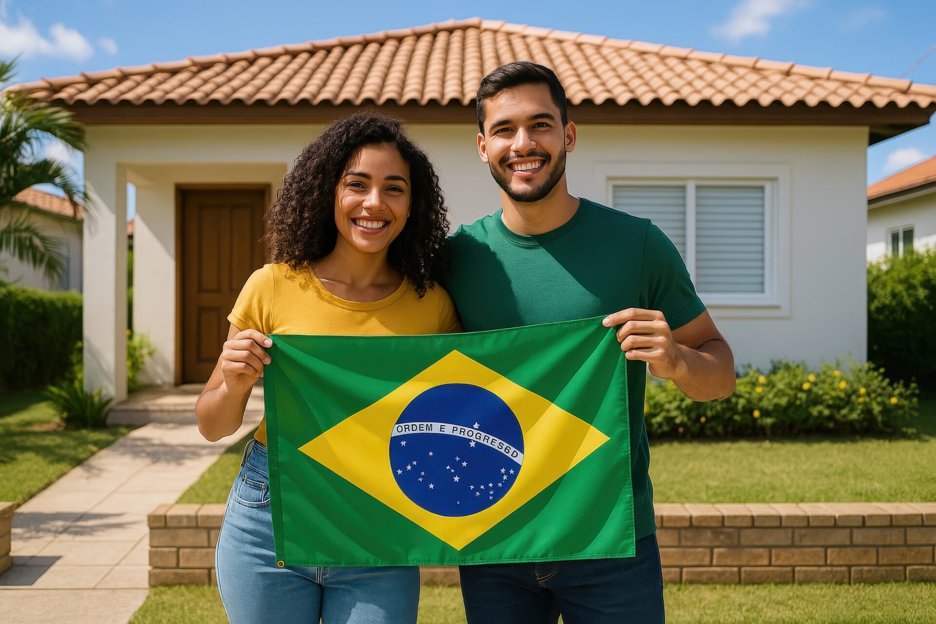 家の前でブラジル国旗を掲げる若いカップルの笑顔