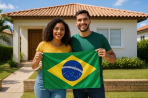 家の前でブラジル国旗を掲げる若いカップルの笑顔
