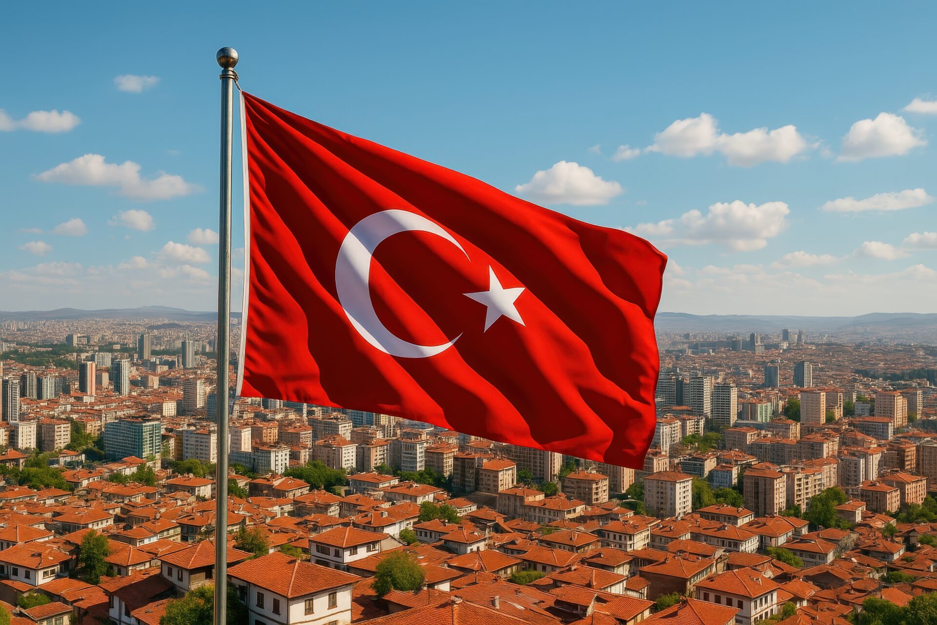 トルコの都市上空にはためくトルコ国旗と赤茶色の屋根の街並み