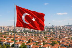 高層ビルと伝統家屋が広がる都市景観とトルコ国旗