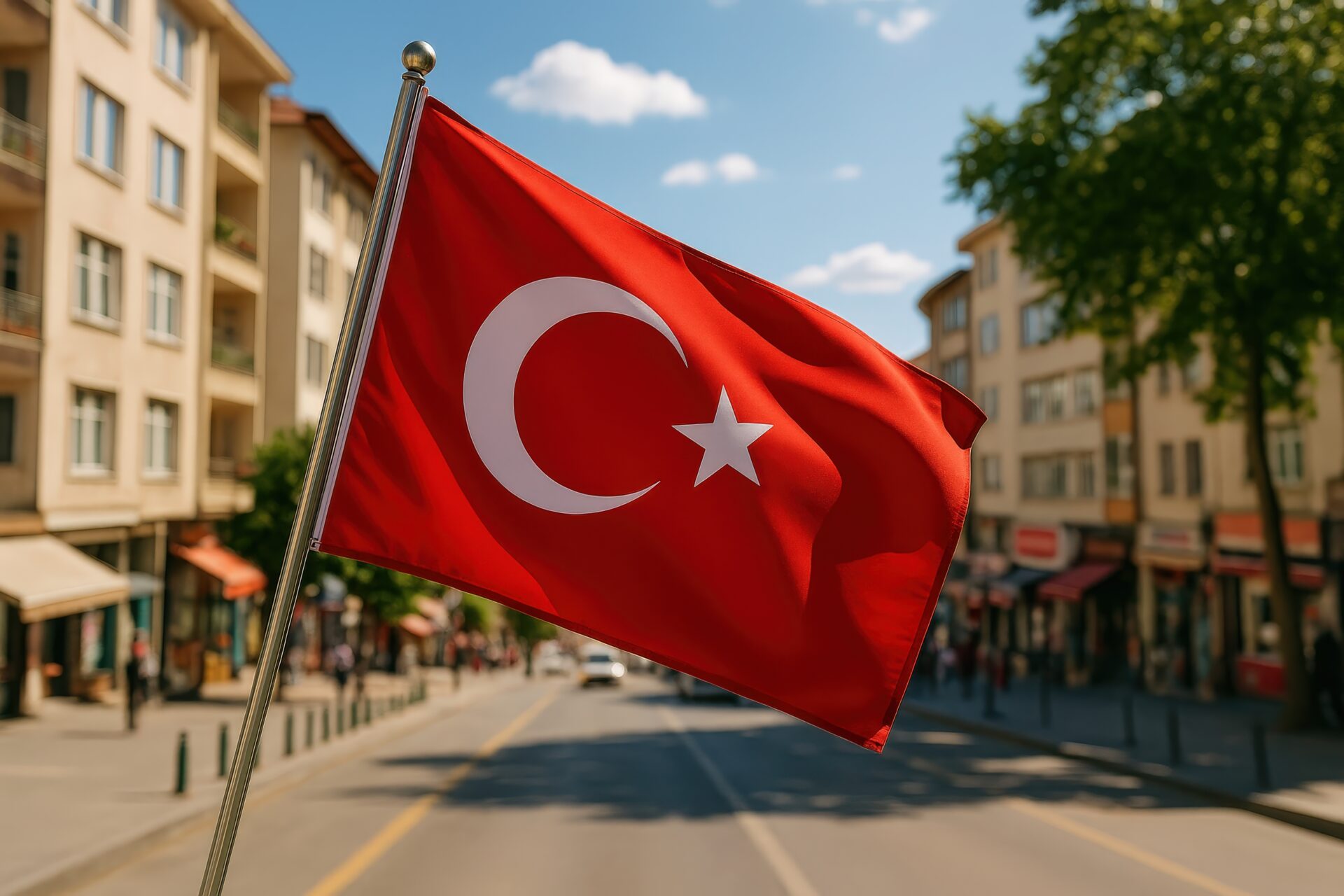 市街地の道路沿いで風に揺れるトルコ国旗のクローズアップ