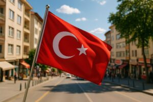 市街地の道路沿いで風に揺れるトルコ国旗のクローズアップ