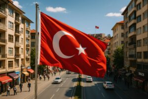 ビルに囲まれた街の通りに掲げられたトルコ国旗