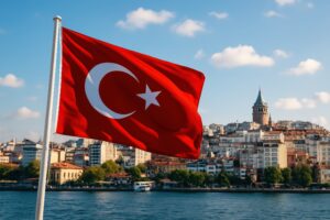 ガラタ塔を背景にボスポラス海峡沿いではためくトルコ国旗