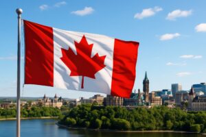 カナダ国旗とオタワの都市風景