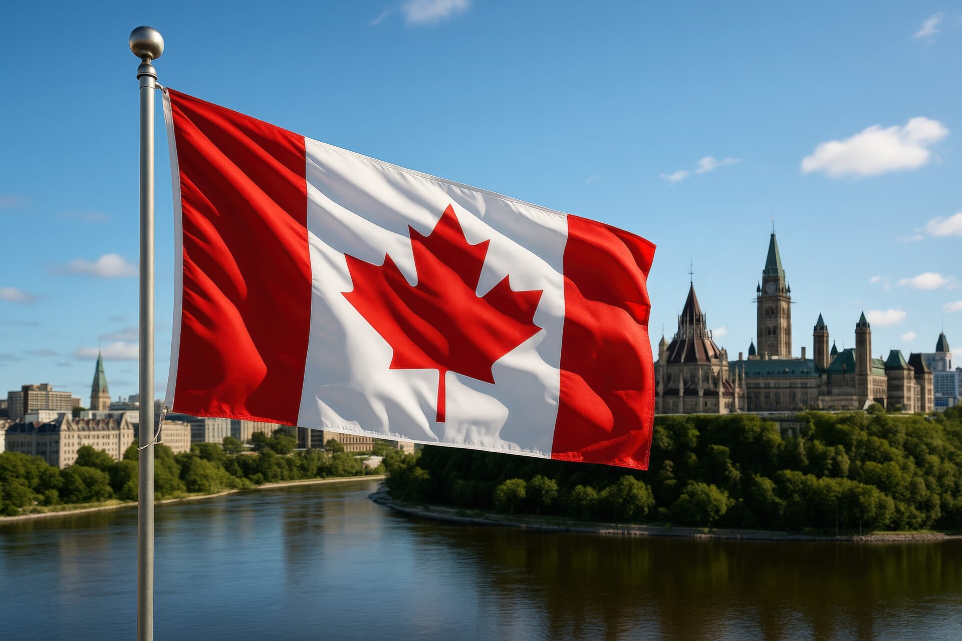 カナダ国旗とオタワの国会議事堂の風景