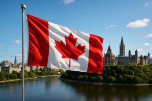 カナダ国旗とオタワの国会議事堂の風景