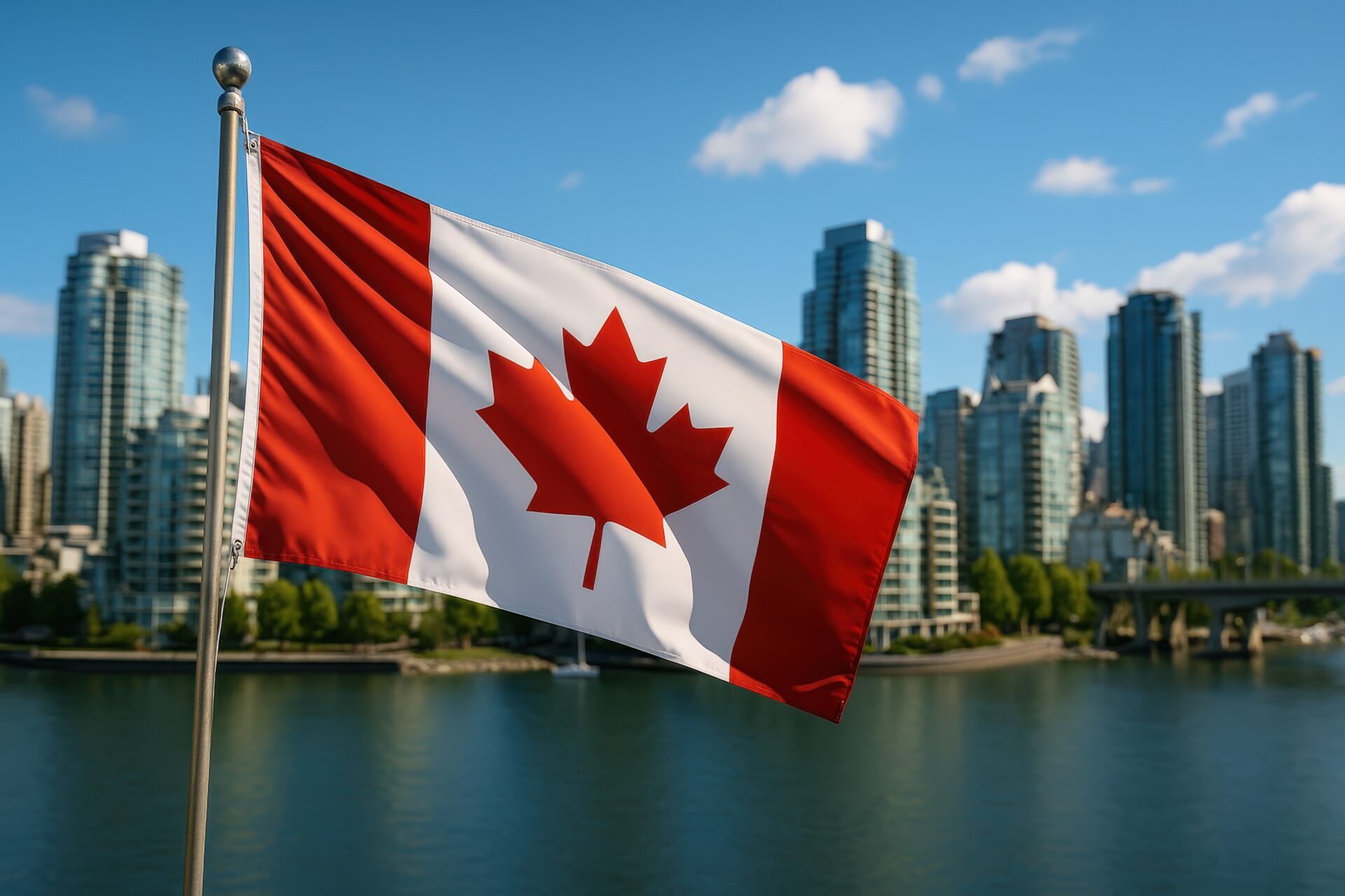 カナダ国旗と高層ビル群のあるバンクーバーの都市風景