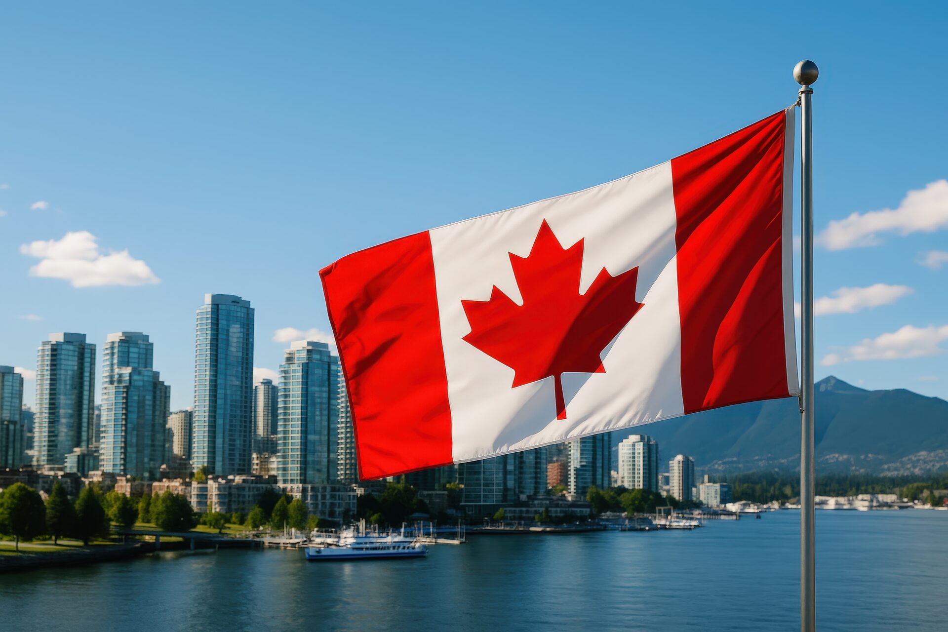 港のあるバンクーバーの都市とカナダ国旗
