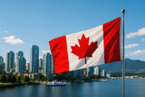 港のあるバンクーバーの都市とカナダ国旗