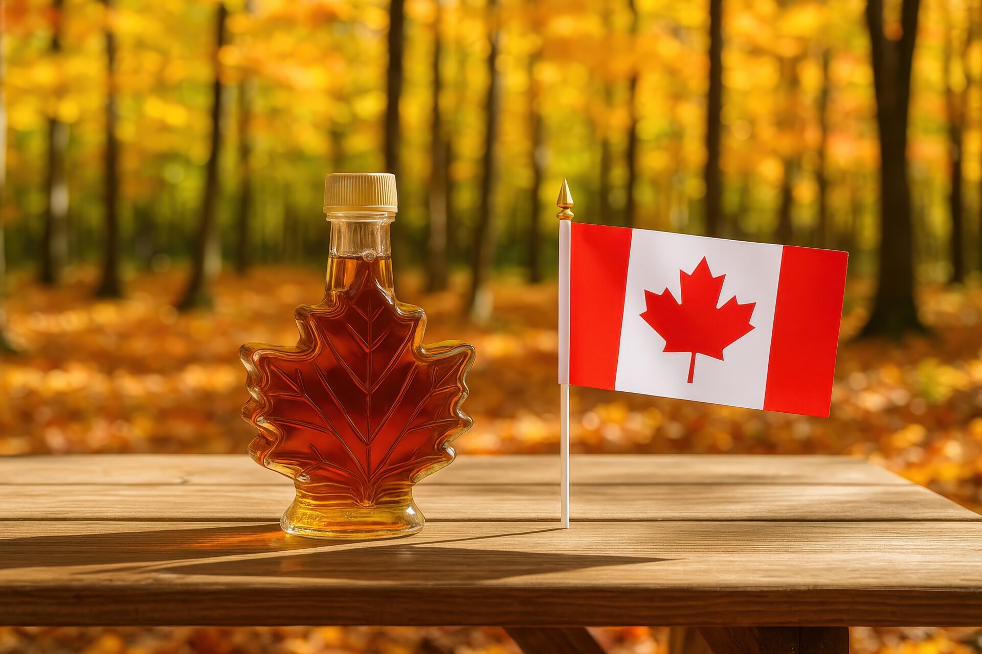 カエデ型メープルシロップ瓶とカナダ国旗