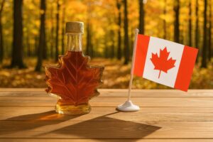 メープルシロップ瓶と卓上カナダ国旗
