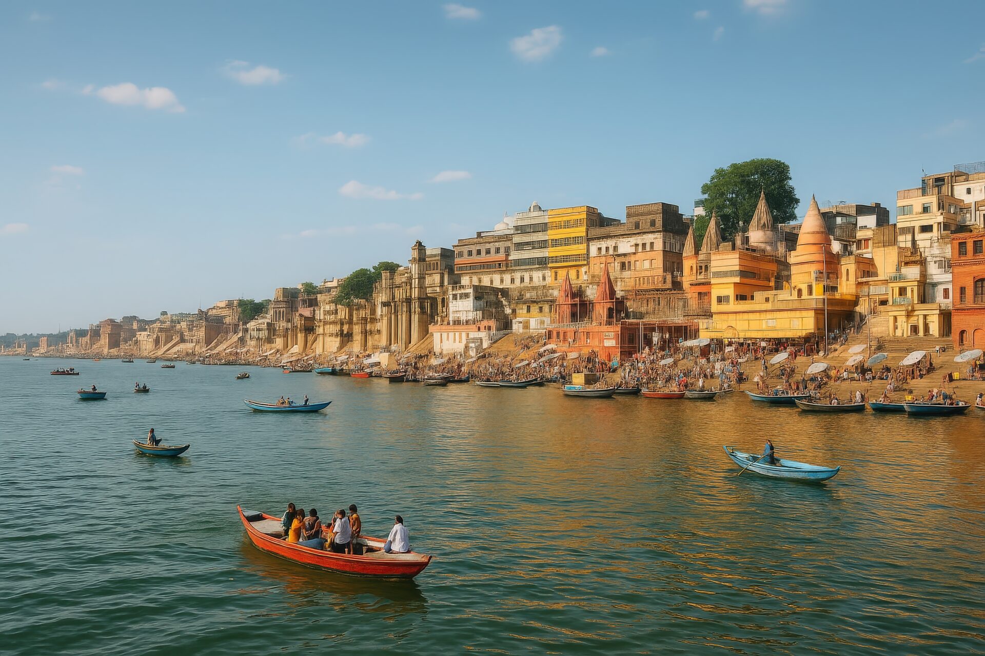 ガンジス川に浮かぶボートとにぎわうバラナシのガート風景