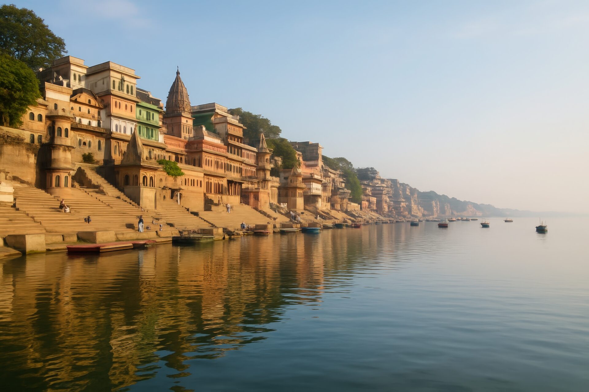 朝靄に包まれたガンジス川沿いの静かなバラナシの街並み