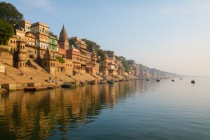 朝靄に包まれたガンジス川沿いの静かなバラナシの街並み