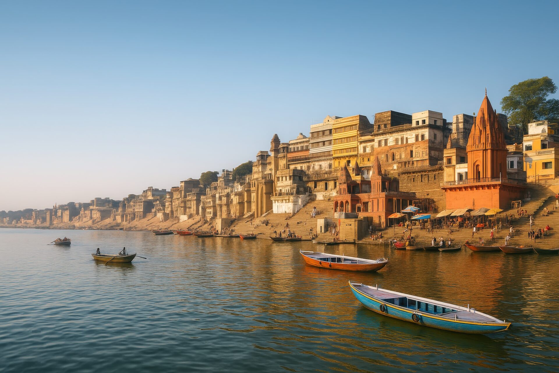 朝日を浴びるバラナシのガートとガンジス川のボート