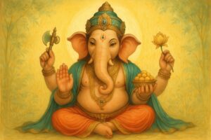 蓮と斧を持ち座るガネーシャの伝統的なイラスト