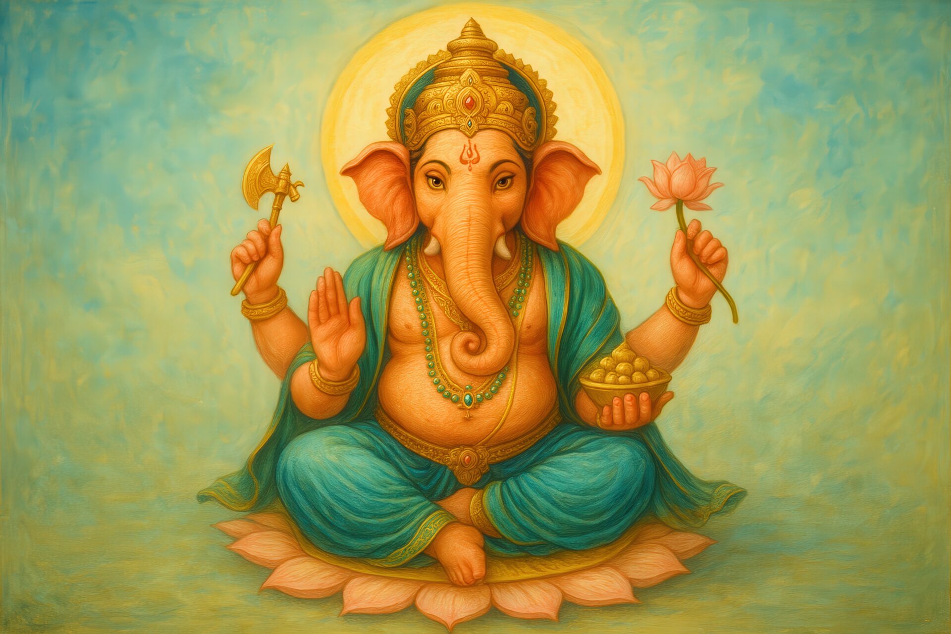 神聖な光に包まれたガネーシャのカラフルなアート