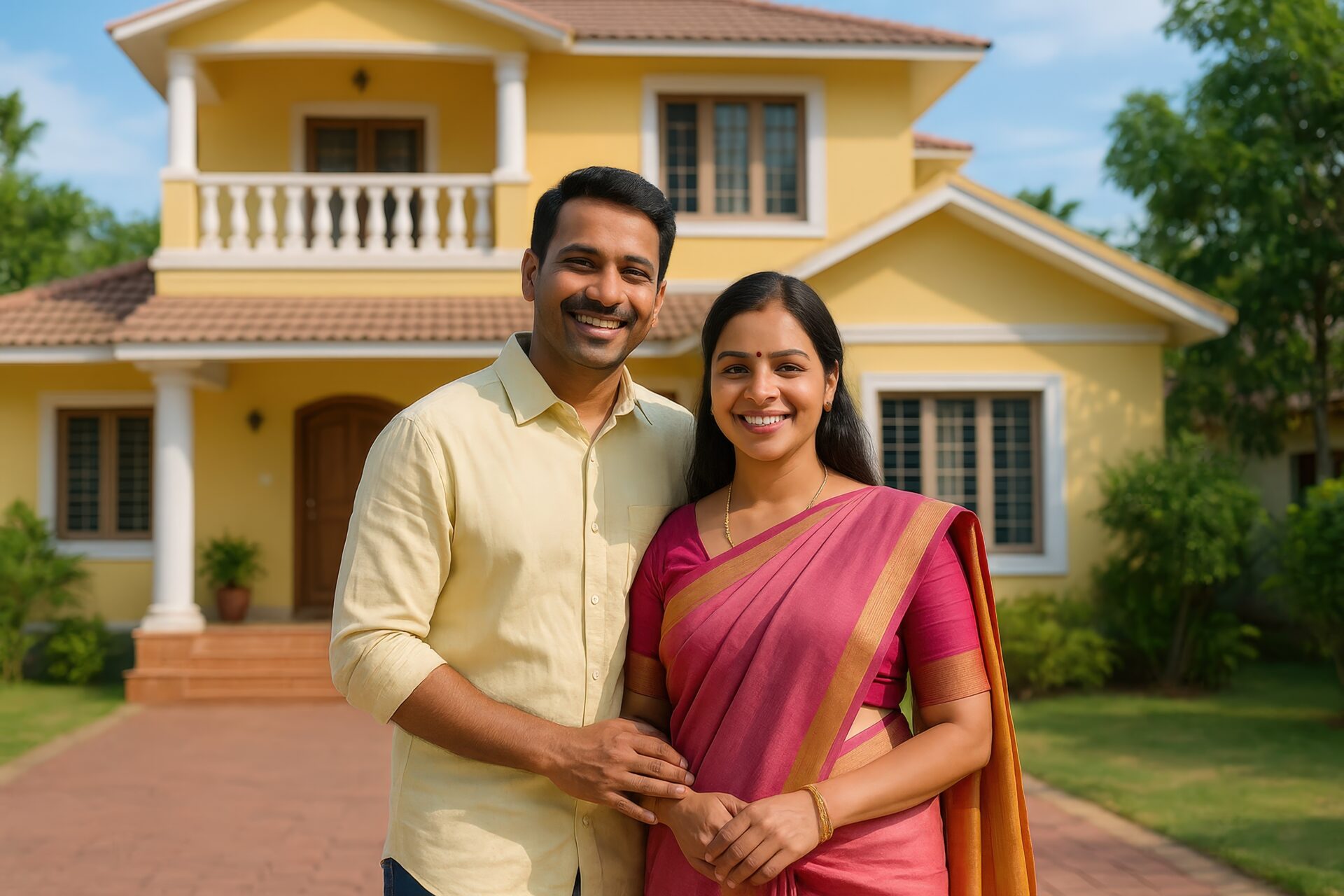 マイホームの前で笑顔を見せるインド人夫婦
