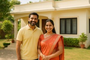 戸建て住宅の前で並んで立つインド人夫婦